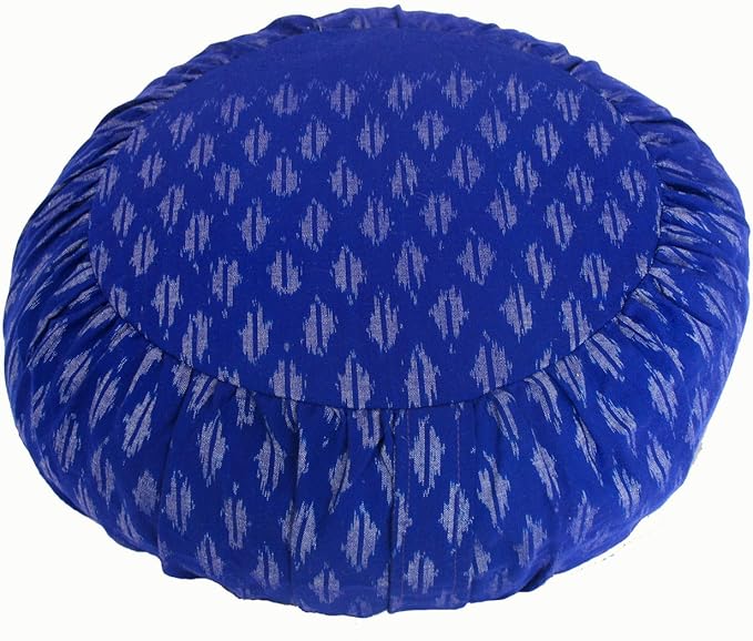 Meditation Cushion Zafu Pillow Buckwheat Fill - Ikat Fabric Hand Loomed Blue