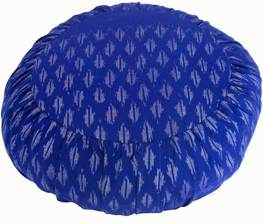 Meditation Cushion Zafu Pillow Buckwheat Fill - Ikat Fabric Hand Loomed Blue
