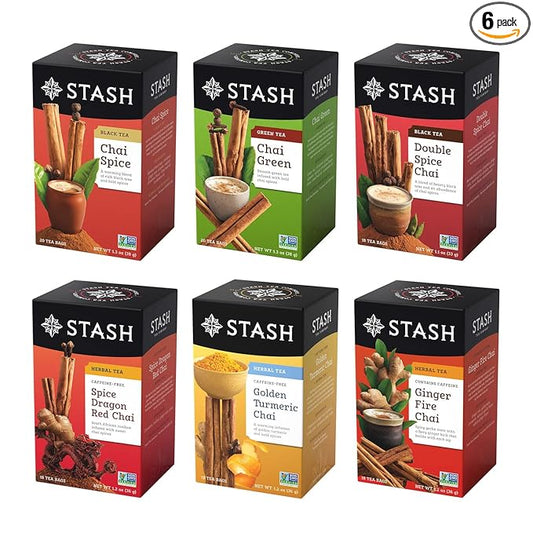 Stash Tea Chai Tea Variety Pack Sampler Assortment - Caffeinated, Non-GMO Project Verified Premium Tea with No Artificial Ingredients, 18-20 Count (Pack of 6)