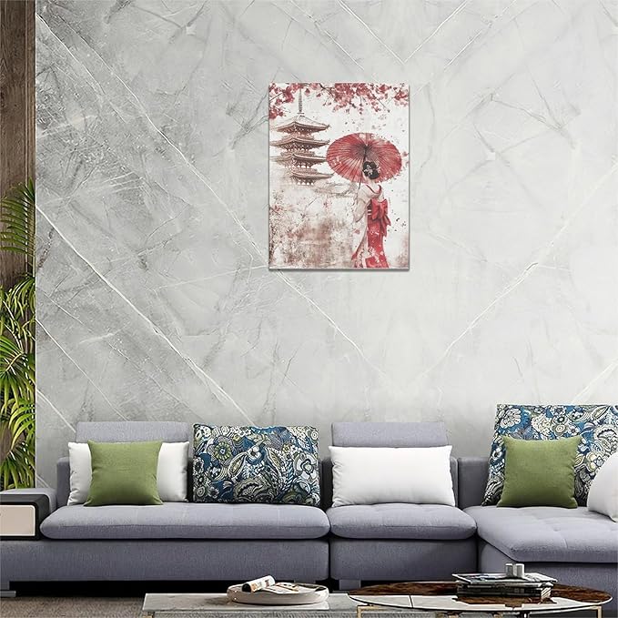 Japan Wall Art Japanese Geisha Wall Decor Cherry Blossoms Farmhouse Japan Pictures Canvas Painting Artwork Home Decorations for Living Room Bedroom Bathroom Office Classroom 12"x16"