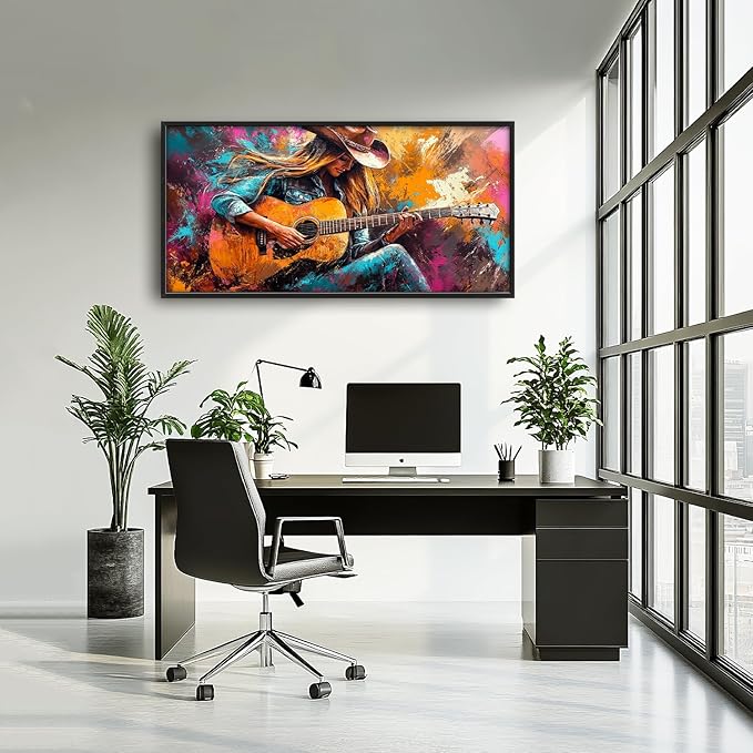 SweetFox Extra Large Cowgirl and Guitar Framed Wall Art for Living Room, Western Girl Music Pictures Oversized Wall Decor Abstract Big Canvas Painting Print Artworks for Bathroom Bedroom 60L X 30W