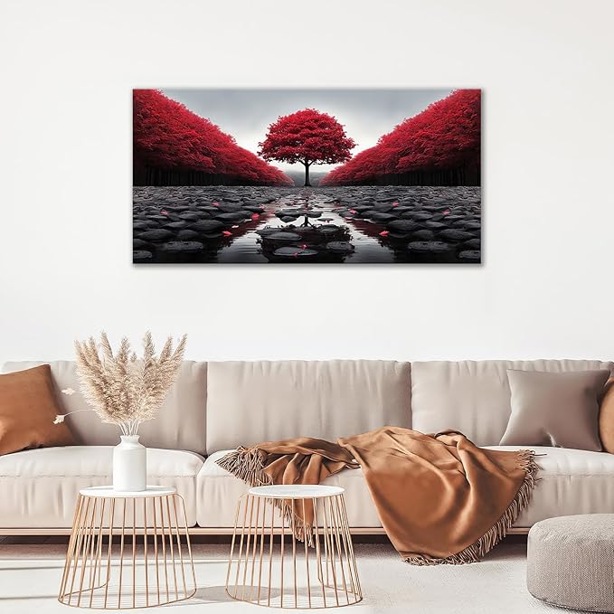 Red Tree Wall Art Tree of Life Large Zen Pictures Wall Decor Black and White Stone Canvas Prints Modern Framed Artwork for Living Room Bathroom Bedroom Office Spa Yoga 60"x30"
