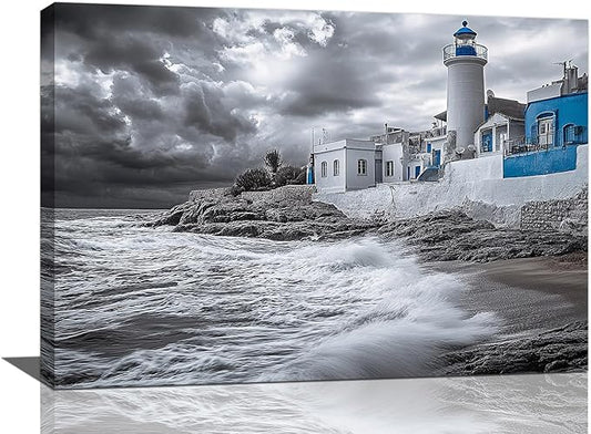 Olivine Beach Wall Art, Coastal Lighthouse Pictures Wall Decor, Black And White Painting, Nautical Canvas Prints, Framed Artwork for Bathroom Bedroom Living Room Office Home Decoration 24"x16"