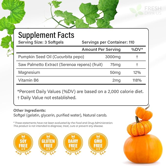 FRESHDRINKUS, 330 Premium Pumpkin Seed Oil Softgels with Saw Palmetto, | Cold-Pressed, Non-GMO, Gluten-Free, Vegan,