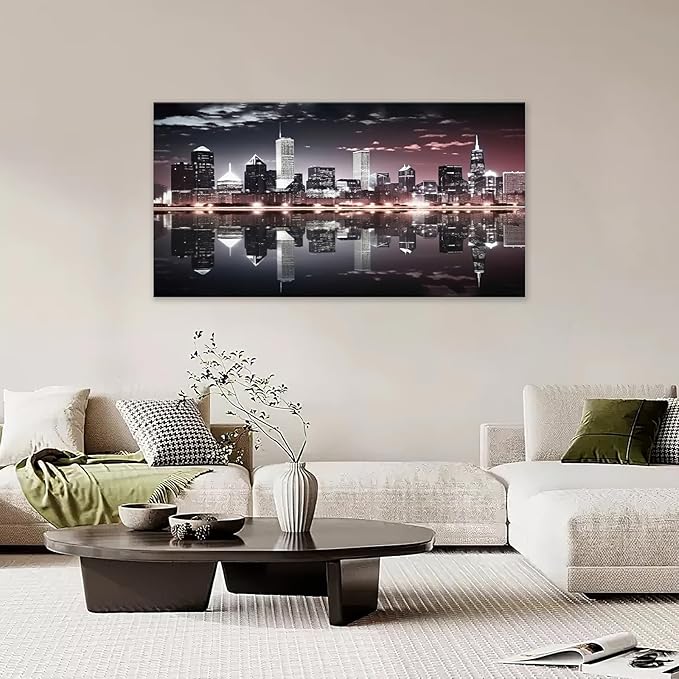 Chicago Skyline Wall Art City Night View Pictures Living Room Wall Decor Black Cityscape Large Canvas Prints Painting Modern Framed Artwork Above Bed for Diving Room Office 60"x30"