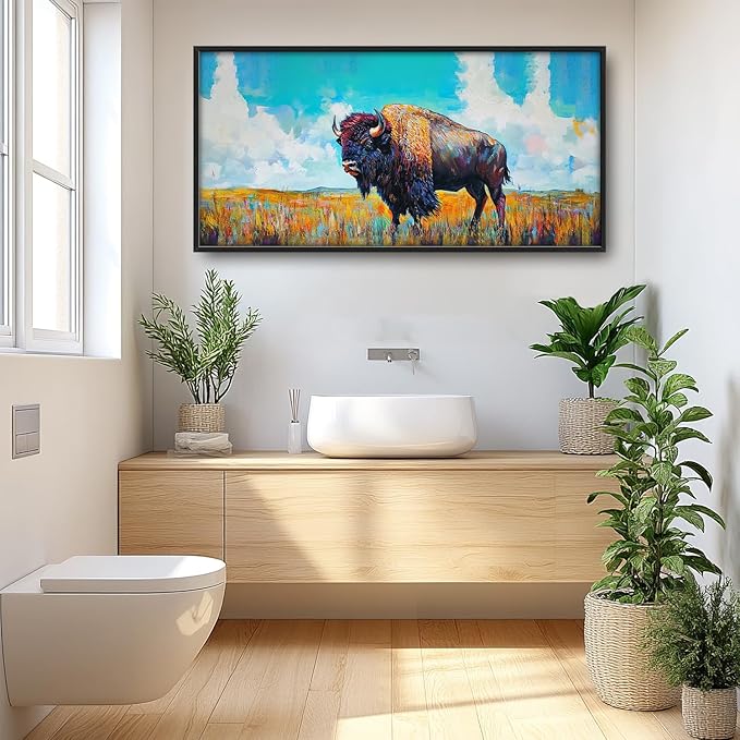 SweetFox Extra Large Colorful Western Bison Framed Wall Art for Living Room, Bison Pictures Oversized Wall Decor Abstract Big Canvas Painting Print Artworks for Bathroom Master Bedroom 60L X 30W