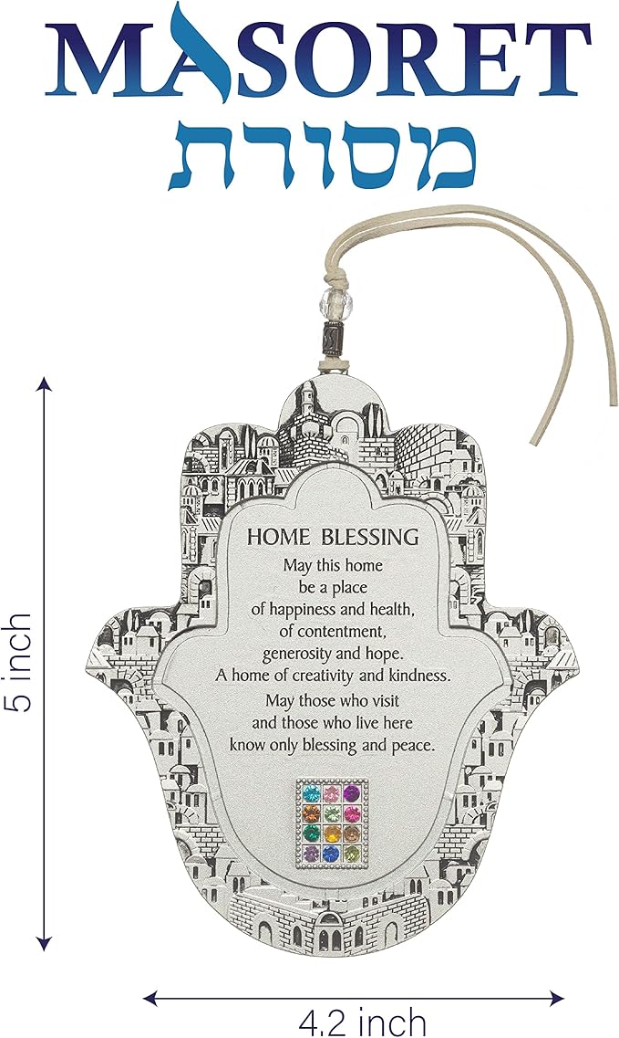 Hamsa English Home Blessing, 17 cm - Good Luck Hamsa Hand Wall Hanging Decor, Evil Eye Protection Amulet with Jerusalem Motif