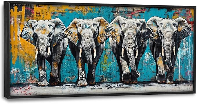 Olivine Elephant Large Wall Art, Banksy Wildlife Pictures Wall Decor, Graffiti Elephant Painting, Teal Canvas Prints, Framed Artwork for Dining Room Living Room Bedroom Bathroom Office Home 60"x30"