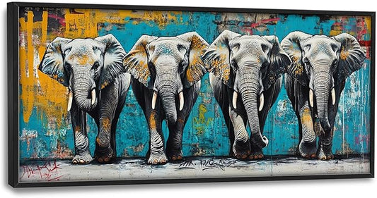 Olivine Elephant Large Wall Art, Banksy Wildlife Pictures Wall Decor, Graffiti Elephant Painting, Teal Canvas Prints, Framed Artwork for Dining Room Living Room Bedroom Bathroom Office Home 60"x30"