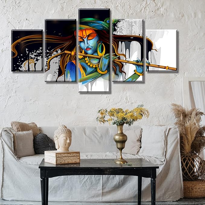DJSYLIFE Large 5 Piece Hindu God Krishna Wall Decor Canvas Printed for Living Room Decorative Indian Painting Modern Home Decor Stretched and Framed Ready to Hang 60" Wx32 H