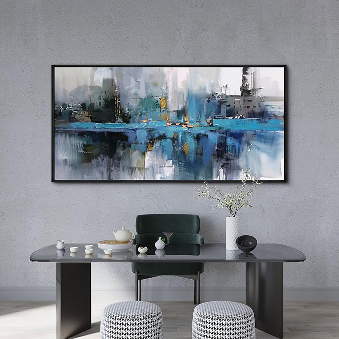 yiijeah Oversized Wall Art - Abstract Picture Large Wall Decor for Living Room Blue and White Paintings Big Frame Artwork Extra Large Canvas for Office Bedroom Home Decor