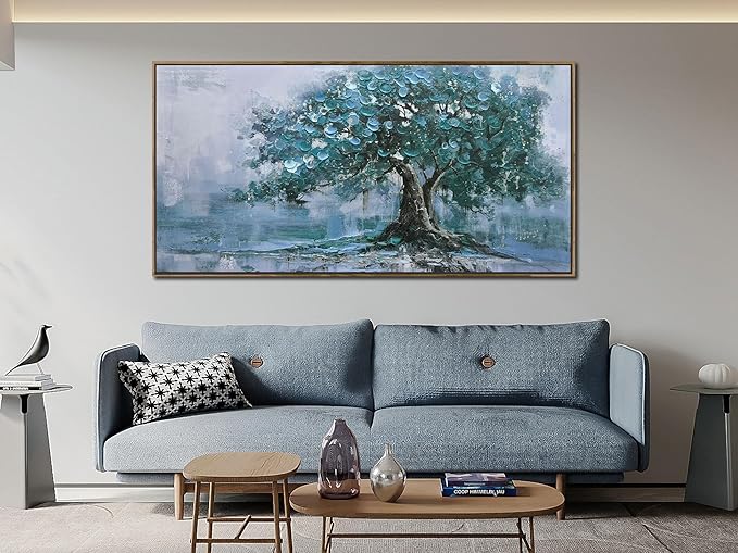 Ardemy Tree Canvas Wall Art for Living Room Teal Tree of Life Landscape Bedroom Picture Modern Nature Painting Blue Artwork Home Office Dining Room Kitchen Wall Decor, Large Wood Framed 40"x20"
