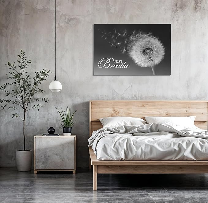 SKASNFAI Just Breathe Wall Art Zen Office Wall Decor Inspirational Yoga Quotes Positive Relax Artwork Picture Black and White Dandelion Posters Print for Meditation Room (12L x 16W)