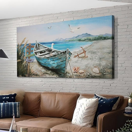 Anolyfi Coastal Wall Art Blue Ocean Beach Boat Canvas Picture, Nature Seagull Nautical Seascape Textured Painting Artwork Large Framed for Bathroom Living Room Bedroom Office Home Decor 40"x20"
