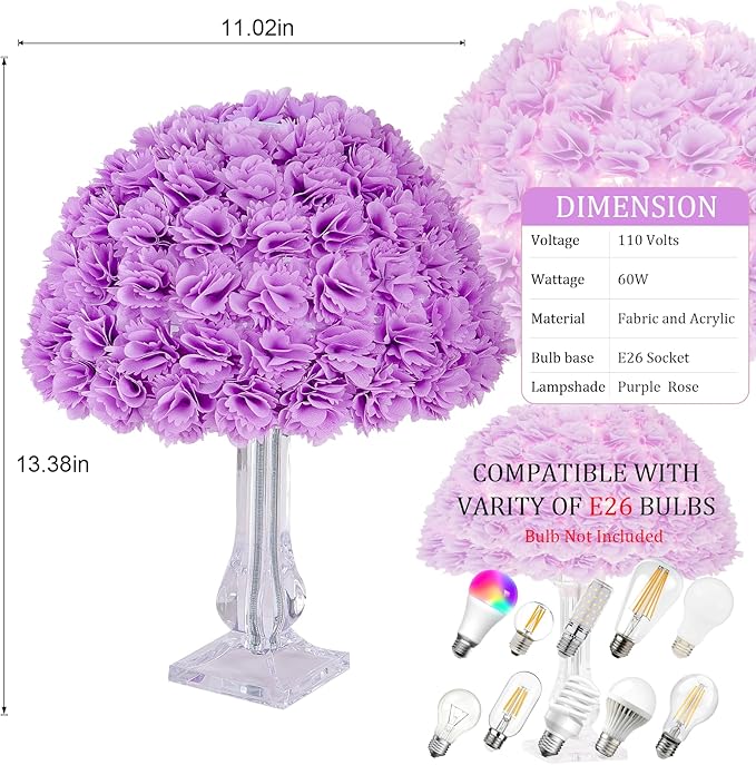 Fabric Flower Desk Lamp Purple Artificial Floral Table Lamp for Girl Chiristmas Gift Nightstand Light Bedside Lamp Decor for Wedding Bedroom Living Room Restaurant Hotel Office