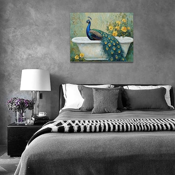 Fleruku Vintage Peacock Wall Art Elegance Bathroom Wall Decor Green Peacock Pictures Canvas Painting Artwork Home Decorations for Living Room Bedroom Office 16"x12"