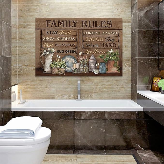 Country Family Rules Wall Art Farmhouse Inspiration Wall Decor Rustic Flower Home Sign Pictures Canvas Painting Artwork Home Decorations For Living Room Bedroom Bathroom Office 24"x16"