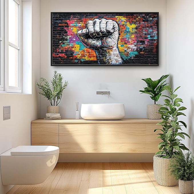 SweetFox Extra Large Graffiti Fist Framed Wall Art for Living Room, Raised Fist Street Art Pictures Oversized Wall Decor Abstract Canvas Painting Print Artwork for Bathroom Master Bedroom 60L X 30W