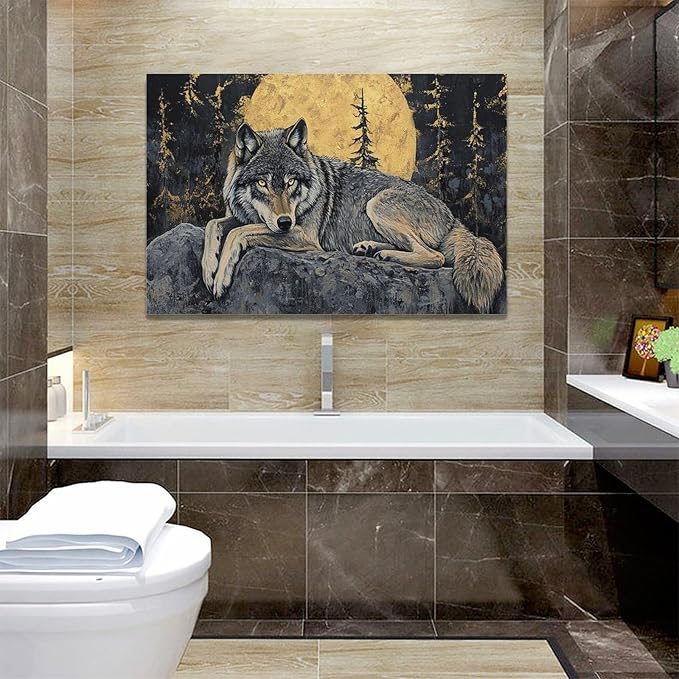 Wolf Large Wall Art Wolf Moon Pictures Wall Decor Wildlife Animal Canvas Painting Modern Artwork Home Decoration for Bathroom Office Living Room Bedroom Framed 60"x30"