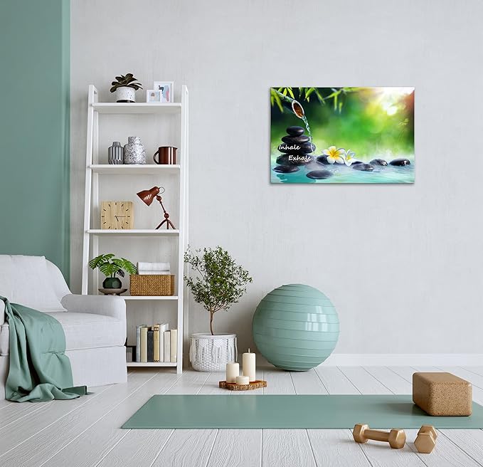 YIOZHAOFH Spa Canvas Print Art Nature Zen Painting Relaxing Bathroom Wall Art Decor White Lotus Pictures Framed Artwork Inhale Exhale Poster Office Decor for Spa Room Bedroom (24L x 36W)