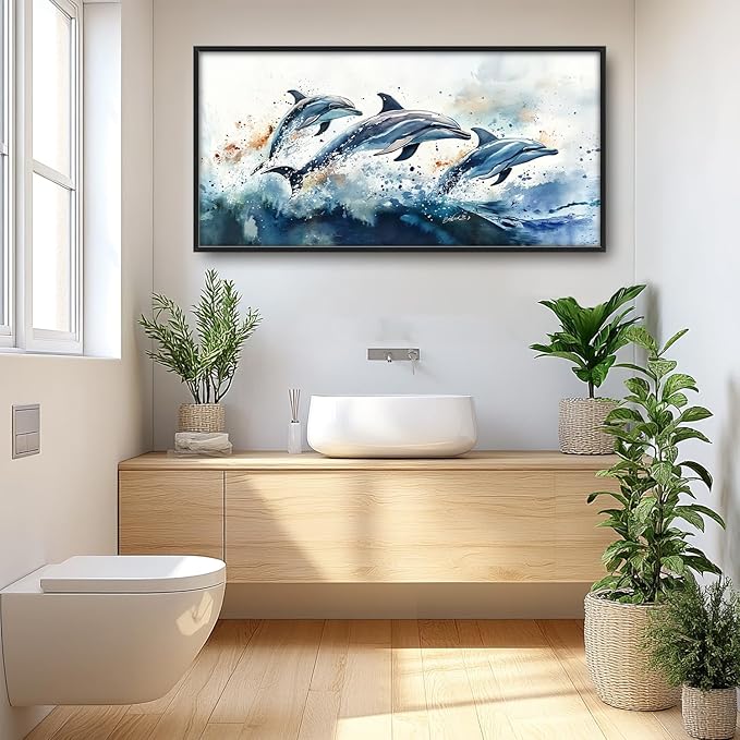 SweetFox Extra Large Watercolor Dolphin Framed Wall Art for Living Room,Ocean Dolphin Pictures Oversized Wall Decor Abstract Canvas Painting Print Artwork for Bathroom Master Bedroom 60L X 30W