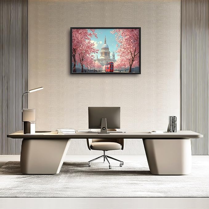 London Paul’s Cathedral Large Wall Art Cityscape Cherry Blossom Pictures Wall Decor Street Scene Canvas Spring Print Painting Modern Artwork Home Decoration for Living Room Bathroom Bedroom Office Framed 36"x24"