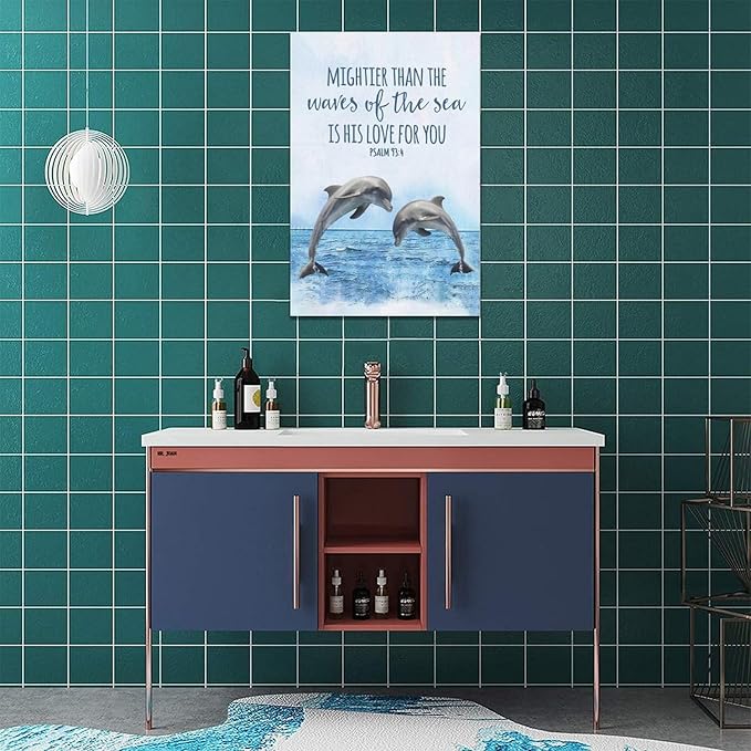 Dolphin Bathroom Decor Wall Art Ocean Coastal Wall Decor Scripture Canvas Bible Verse Prints Painting Framed Artwork for Bathroom living room Bedroom 16"x24"