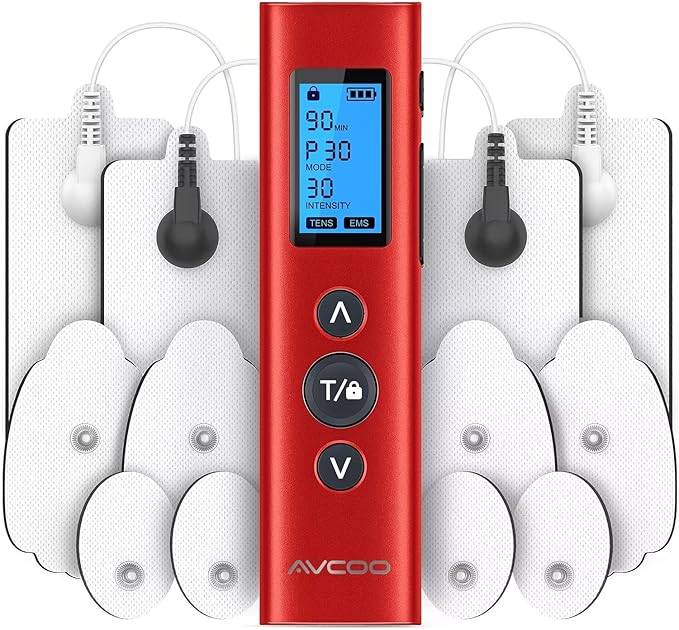 30 Modes TENS EMS Unit Compact Muscle Stimulator for Pain Relief, Rechargeable & Portable Dual Channel Muscle Stimulator with 30 Intensity Levels and 12 Electrode Tens Unit Replacement Pads Red