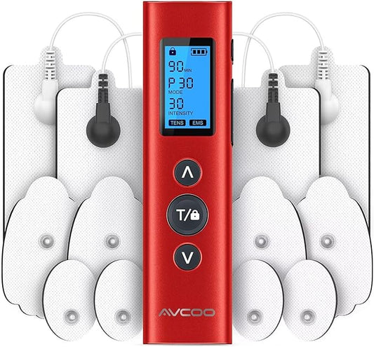 30 Modes TENS EMS Unit Compact Muscle Stimulator for Pain Relief, Rechargeable & Portable Dual Channel Muscle Stimulator with 30 Intensity Levels and 12 Electrode Tens Unit Replacement Pads Red