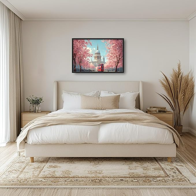 London Paul’s Cathedral Large Wall Art Cityscape Cherry Blossom Pictures Wall Decor Street Scene Canvas Spring Print Painting Modern Artwork Home Decoration for Living Room Bathroom Bedroom Office Framed 36"x24"
