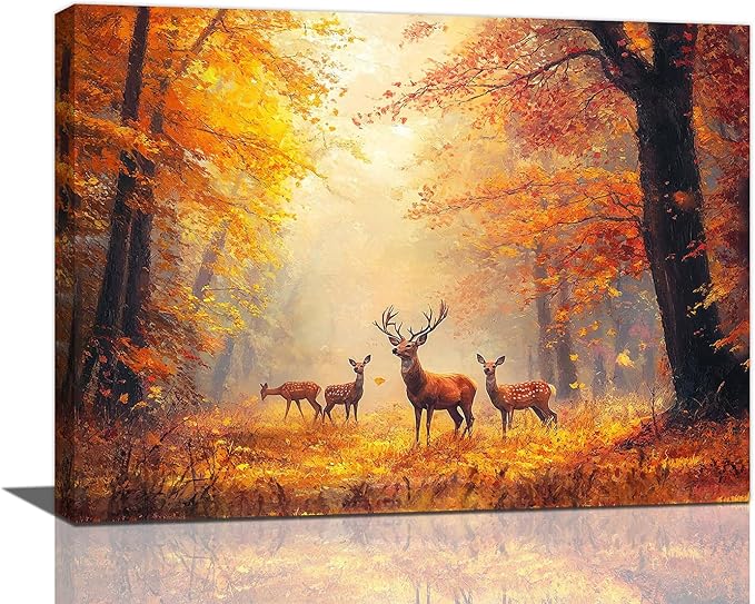Olivine Deer Wall Art, Autumn Forest Pictures Wall Decor, Wildlife Painting, Fall Landscape Canvas Prints, Framed Artwork for Bathroom Bedroom Living Room Office Home Decoration 16''x12''