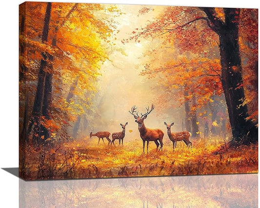 Olivine Deer Wall Art, Autumn Forest Pictures Wall Decor, Wildlife Painting, Fall Landscape Canvas Prints, Framed Artwork for Bathroom Bedroom Living Room Office Home Decoration 16''x12''