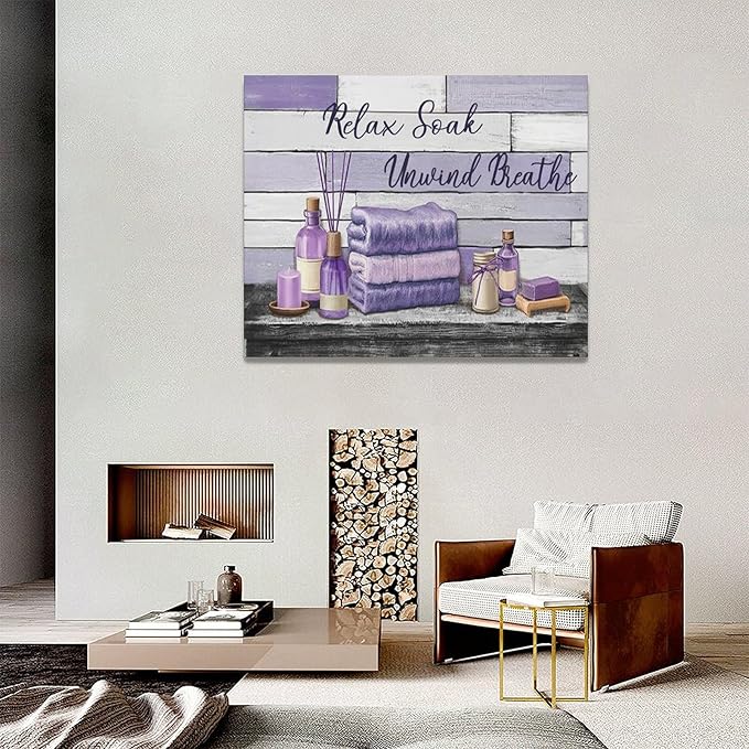 Farmhouse Bathroom Wall Art Relax Soak Unwind Breathe Wall Decor Rustic Bathroom Pictures Canvas Painting Framed Artwork Purple Country Home Decorations for Toilet Lavatory 20"x16"