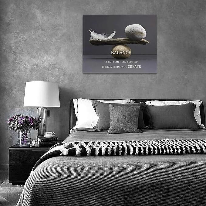 Zen Stone Wall Art Meditation Spiritual Wall Decor Inspirational Balance Feather Pictures Canvas Prints Framed Home Decorations Painting Artwork for Living Room Bedroom Office Bathroom 16"x12"