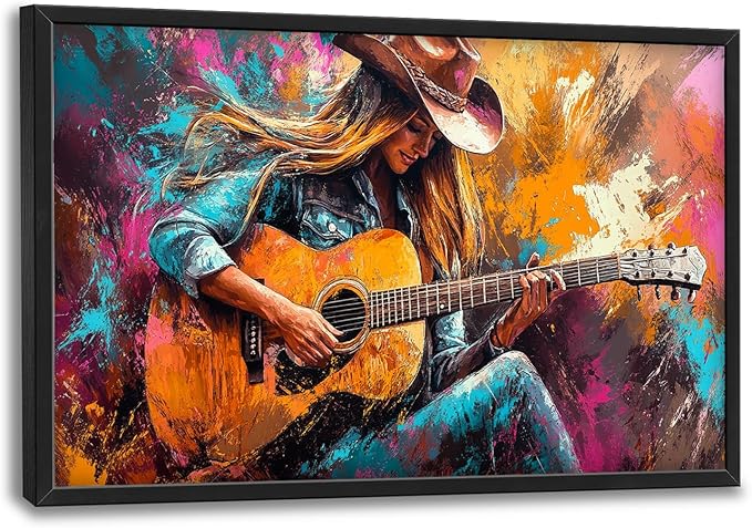 SweetFox Extra Large Cowgirl and Guitar Framed Wall Art for Living Room, Western Girl Music Pictures Oversized Wall Decor Abstract Big Canvas Painting Print Artworks for Bathroom Bedroom 36L X 24W