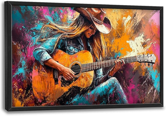 SweetFox Extra Large Cowgirl and Guitar Framed Wall Art for Living Room, Western Girl Music Pictures Oversized Wall Decor Abstract Big Canvas Painting Print Artworks for Bathroom Bedroom 36L X 24W