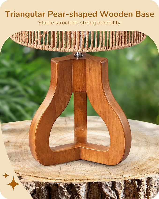 EDISHINE 14.6" Rattan Table Lamp, Rose Wood Tripod Nightstand Lamp, Handwoven Paper Rope Shade, Small Bedside Lamp for Bedroom Living Room, Office, On-Off Line Switch, E26 Base(Bulb Not Included)