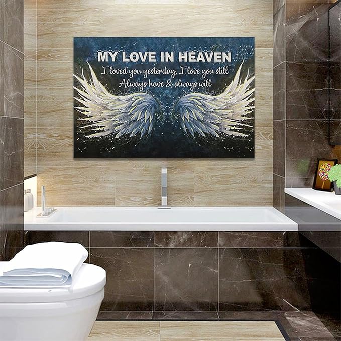 Fleruku Angel Wings Wall Art Memorial Motivational Wall Decor Wings My Love In Heaven Pictures Canvas Painting Artwork Home Decorations for Living Room Bedroom Bathroom Office 24"x16"
