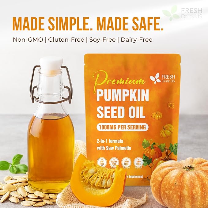 FRESHDRINKUS, 330 Premium Pumpkin Seed Oil Softgels with Saw Palmetto, | Cold-Pressed, Non-GMO, Gluten-Free, Vegan,