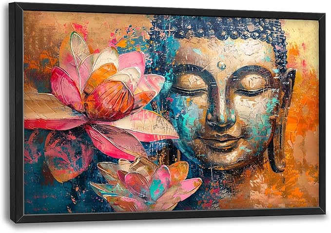 Large Buddha Framed Wall Art for Living Room Zen Lotus Pictures Wall Decor Buddha Canvas Painting Artwork Buddhist Meditation Home Decorations for Buddhism Room Bathroom Office 36x24 inch