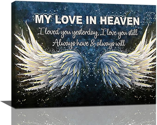 Fleruku Angel Wings Wall Art Memorial Motivational Wall Decor Wings My Love In Heaven Pictures Canvas Painting Artwork Home Decorations for Living Room Bedroom Bathroom Office 20"x16"