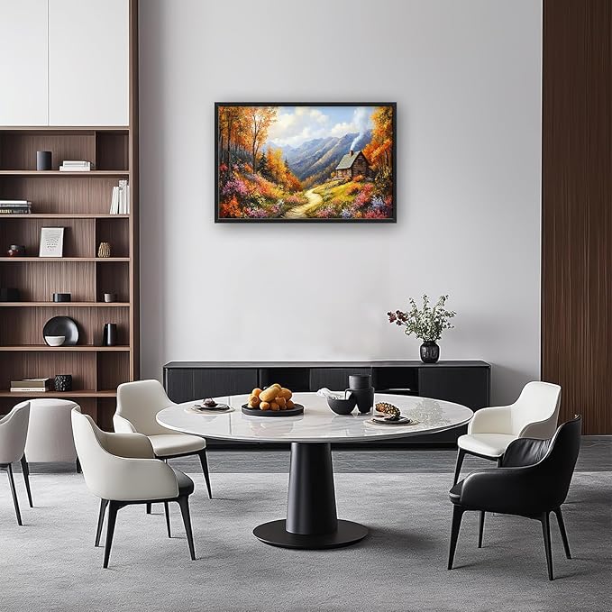 Framed Large Fall Mountain Wall Art for Living Room, Oversized Autumn Wildflower Wall Decor Nature Landscape Canvas Painting Modern Artwork for Living Room Bedroom 36"x24"