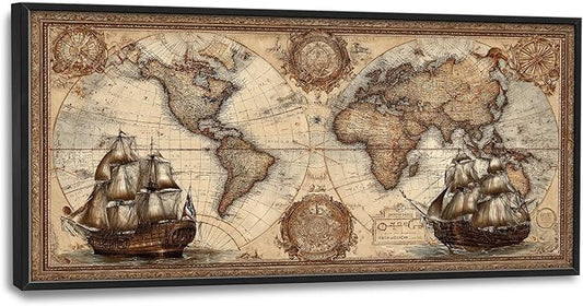 Glocmna Large Old World Map Wall Art for Living Room Antique Old Nautical Sailboat Map Canvas Wall Decor Age of Discovery Big Vintage Geography Sea Voyages Pictures Painting Print Framed Artwork Decorations Gifts for Bedroom Home Office 30"x60"