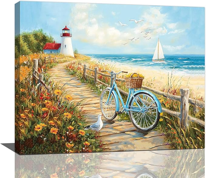 Olivine Coastal Wall Art, Beach Bicycle Pictures Wall Decor, Lighthouse Painting, Ocean Seascape Canvas Prints, Framed Artwork for Living Room Bedroom Bathroom Kitchen Office Home Decoration 20"x16"