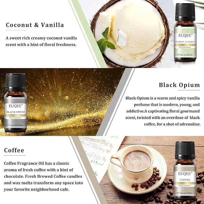 6PCS Coffee Fragrance Oil Set(10ml), Premium Fragrance Essential Oils Set for Candle Making, Diffuser-Coffee, Chocolate, Cake, Coconut Cream, Coconut & Vanilla