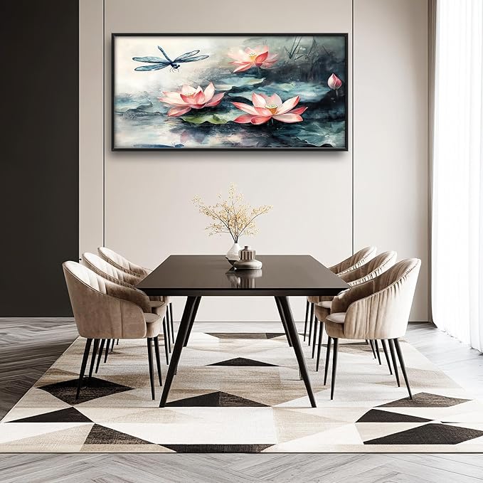 Large Lotus Dragonfly Wall Art for Living Room, Rusitc Floral Canvas Wall Decor, Pink Flowers Pictures Framed Painting, Natural Landscape Artwork for Bedroom Office 60L'' × 30W''