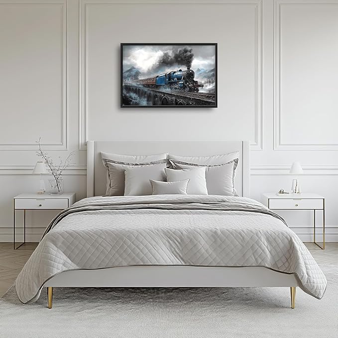 Kylora Train Wall Art Blue Gray Train Pictures Wall Decor Prints Modern Artwork Bridge Painting Home Office Decorations For Kitchen Bathroom Bedroom Dining Living Room 36"x24"