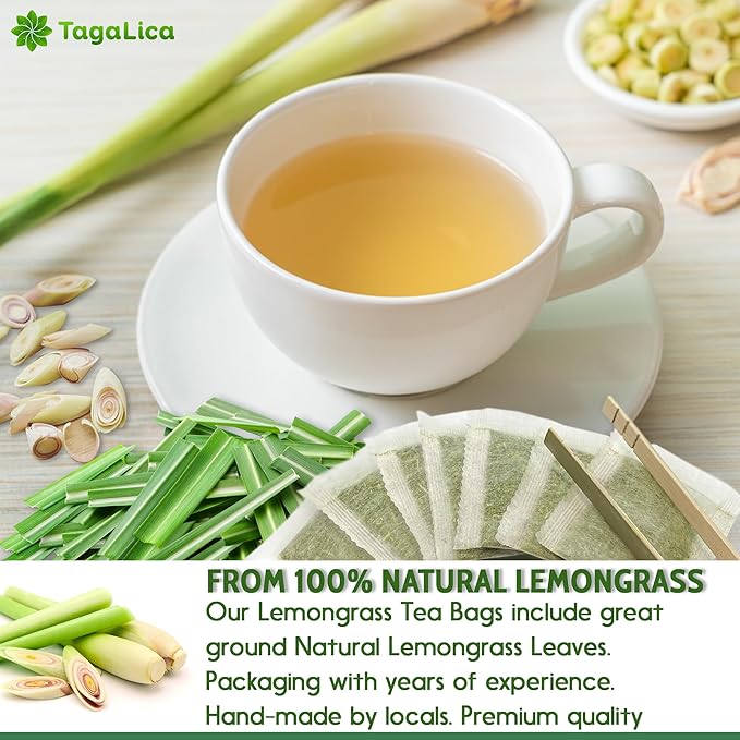 Tagalica, Premium 75 Lemongrass Tea Bags, 100% Natural & Pure Lemongrass leaves, Eco-Conscious Tea Bags, Lemongrass Herbal Tea. Lemongrass Leaf Tea. No Sugar, No Caffeine, No Gluten, Vegan.