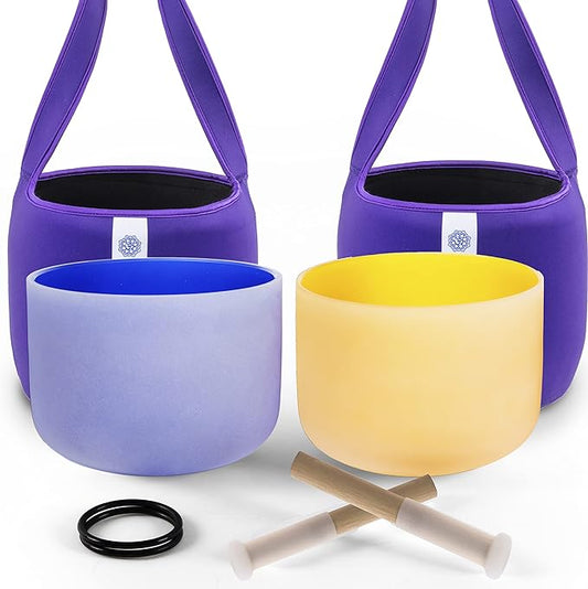 FMTY10inch Crystal Singing Bowls set prefect pitch(±10HZ) Yellow(Solar Plexus)+ Indigo(3Rd Eye) with Carrying Bag Sound Bowls Chakra Bowl