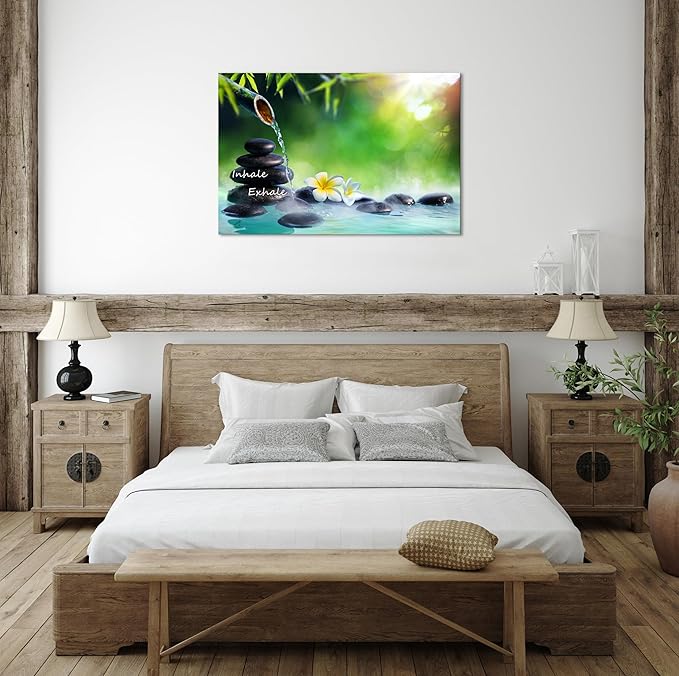 YIOZHAOFH Spa Canvas Print Art Nature Zen Painting Relaxing Bathroom Wall Art Decor White Lotus Pictures Framed Artwork Inhale Exhale Poster Office Decor for Spa Room Bedroom (24L x 36W)